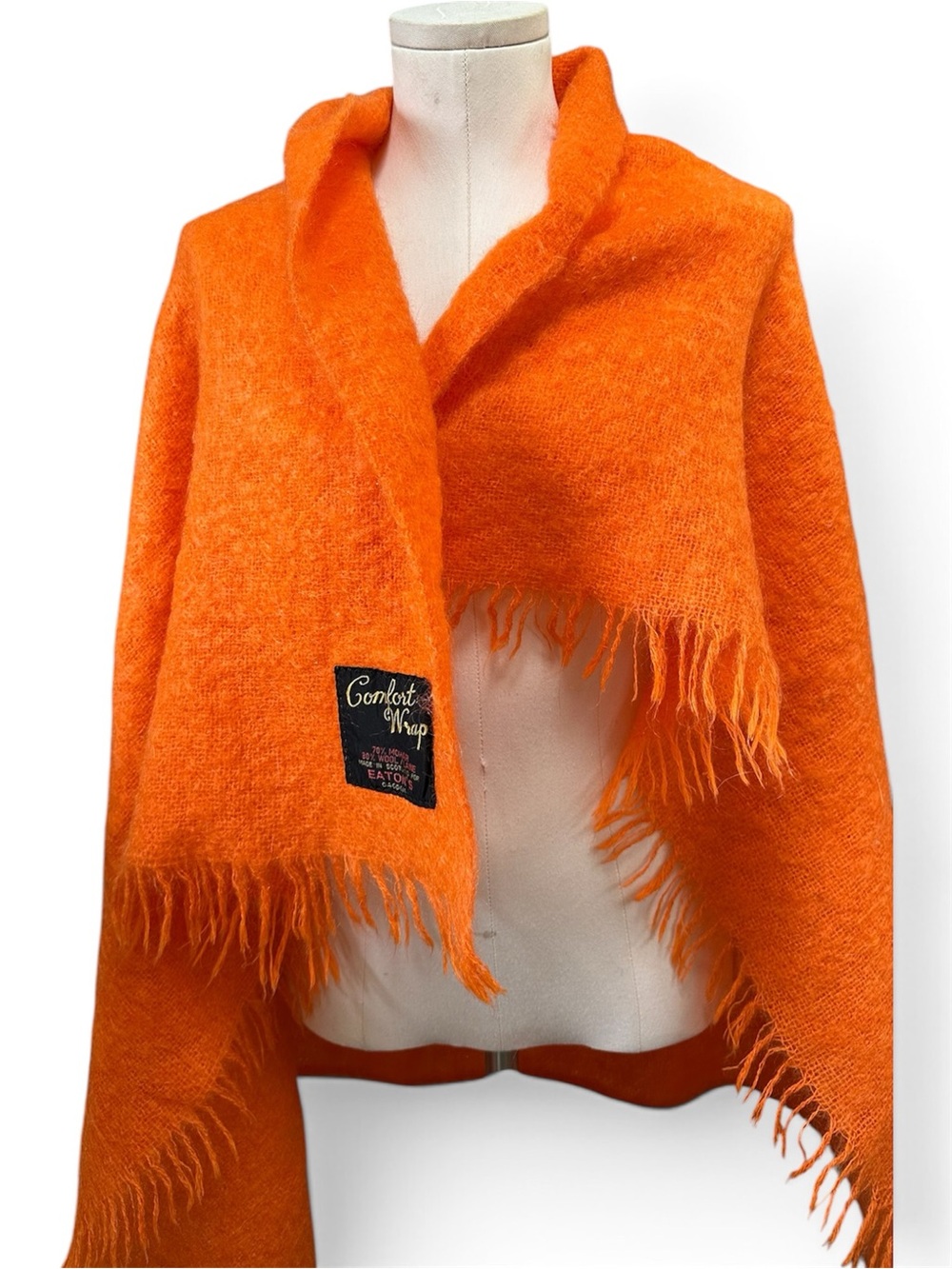 Vintage Eatons Made in Scotland Wool Orange Fringed Shawl Scarf